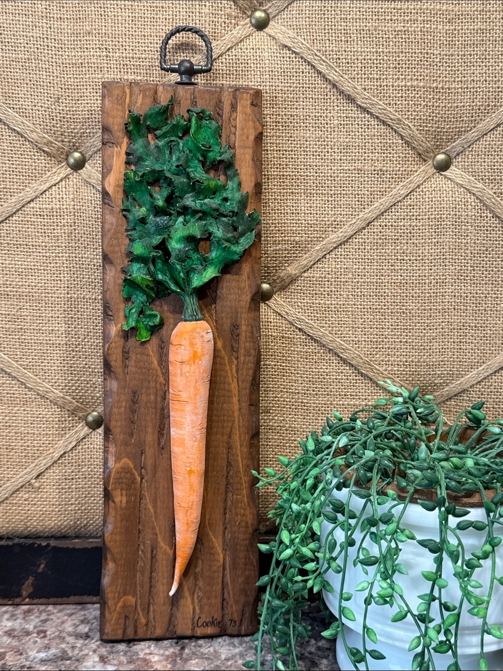 Handmade Carrot Wall Art - Green & Orange Wooden Sculpture